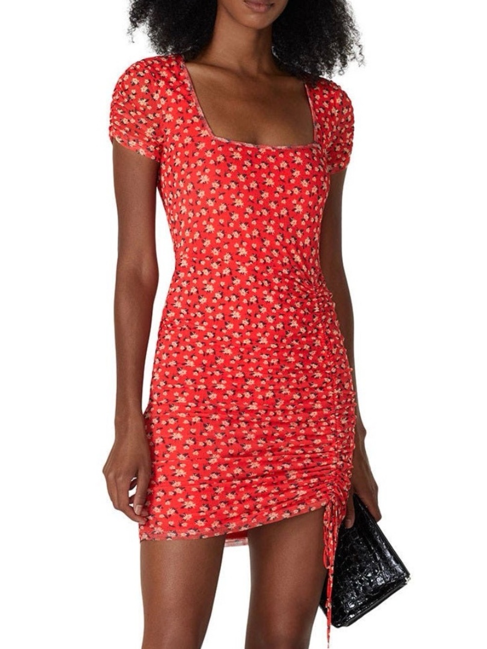 Louna Red Floral Mesh Sheath Ruched Square-Neck Mini Dress Small Red Cream